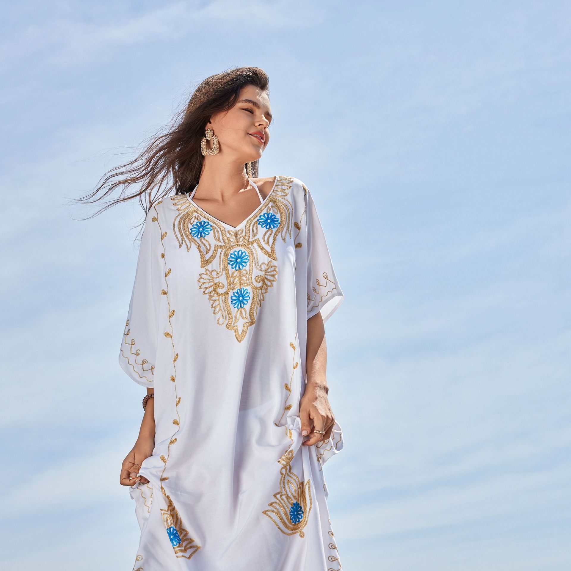 Women Embroidery Short Sleeve Beach Kaftan Side Split Cover Up Dress